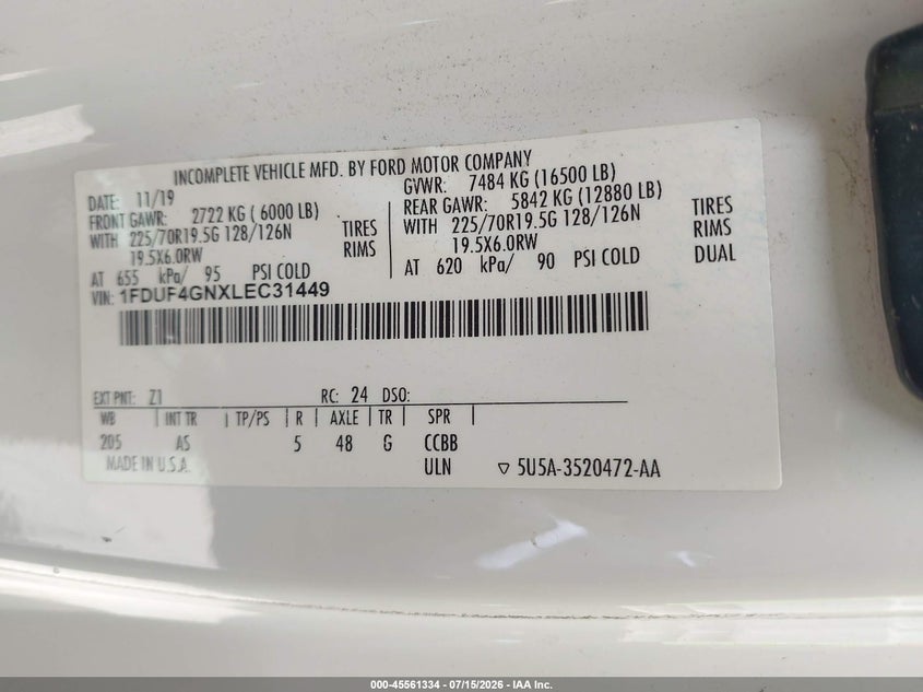 2020 Ford F-450 Chassis Xl/Xlt VIN: 1FDUF4GNXLEC31449 Lot: 45561334