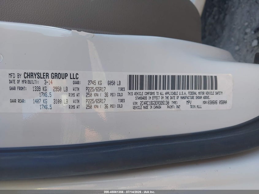 2014 Chrysler Town & Country Touring VIN: 2C4RC1BG3ER326130 Lot: 45561356
