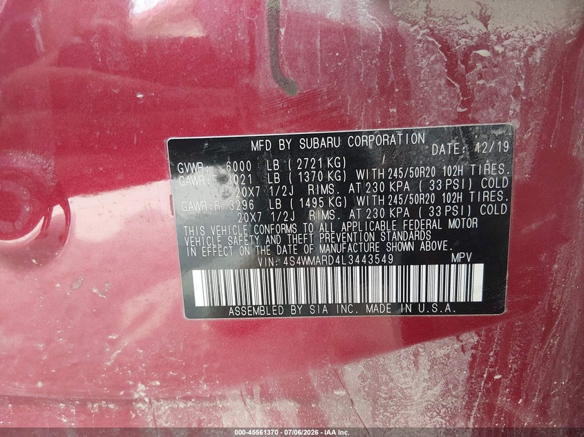 2020 Subaru Ascent Touring VIN: 4S4WMARD4L3443549 Lot: 45561370