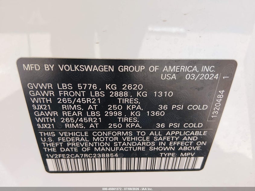 2024 Volkswagen Atlas Cross Sport 2.0T Sel Premium R-Line VIN: 1V2FE2CA7RC238854 Lot: 45561372