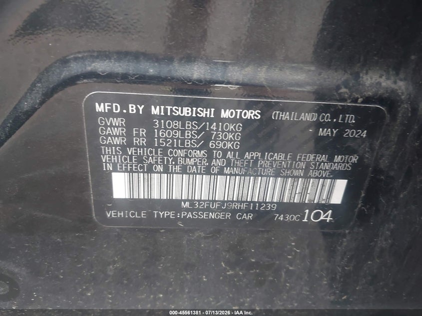 2024 Mitsubishi Mirage G4 Black Edition/Es/Le VIN: ML32FUFJ9RHF11239 Lot: 45561381