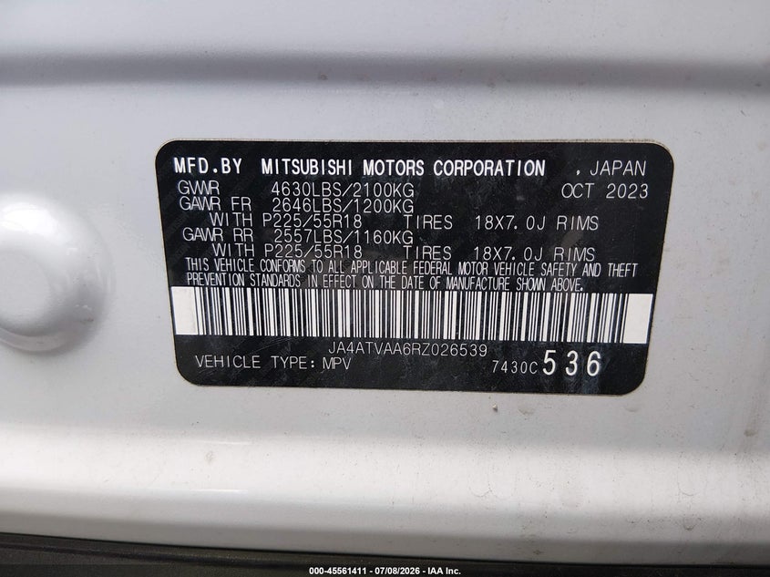 2024 Mitsubishi Eclipse Cross Le S-Awc VIN: JA4ATVAA6RZ026539 Lot: 45561411