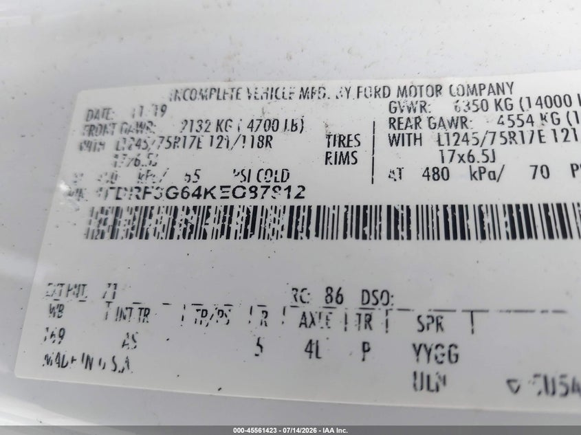 2019 Ford F-350 Chassis Xl VIN: 1FDRF3G64KEG87812 Lot: 45561423