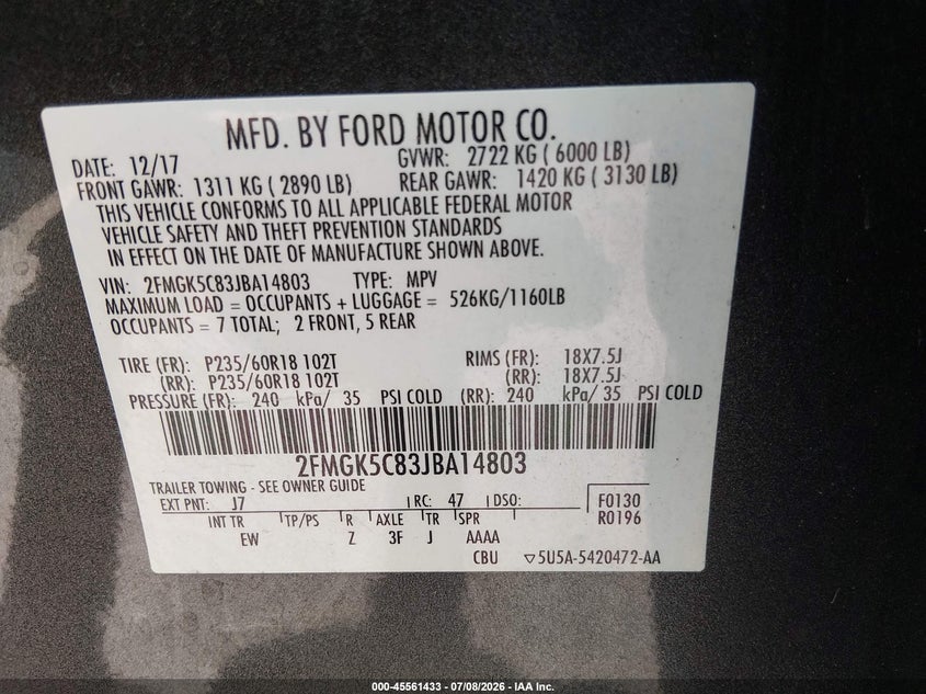 2018 Ford Flex Sel VIN: 2FMGK5C83JBA14803 Lot: 45561433
