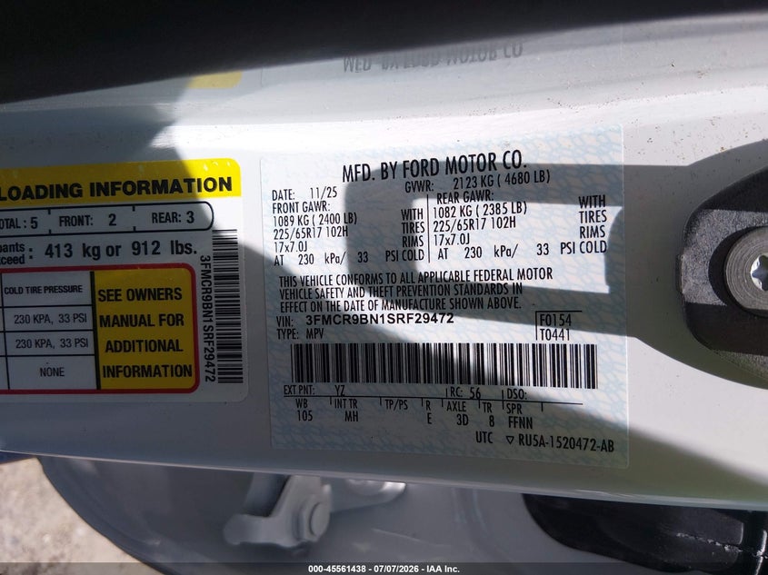 2025 Ford Bronco Sport Big Bend VIN: 3FMCR9BN1SRF29472 Lot: 45561438