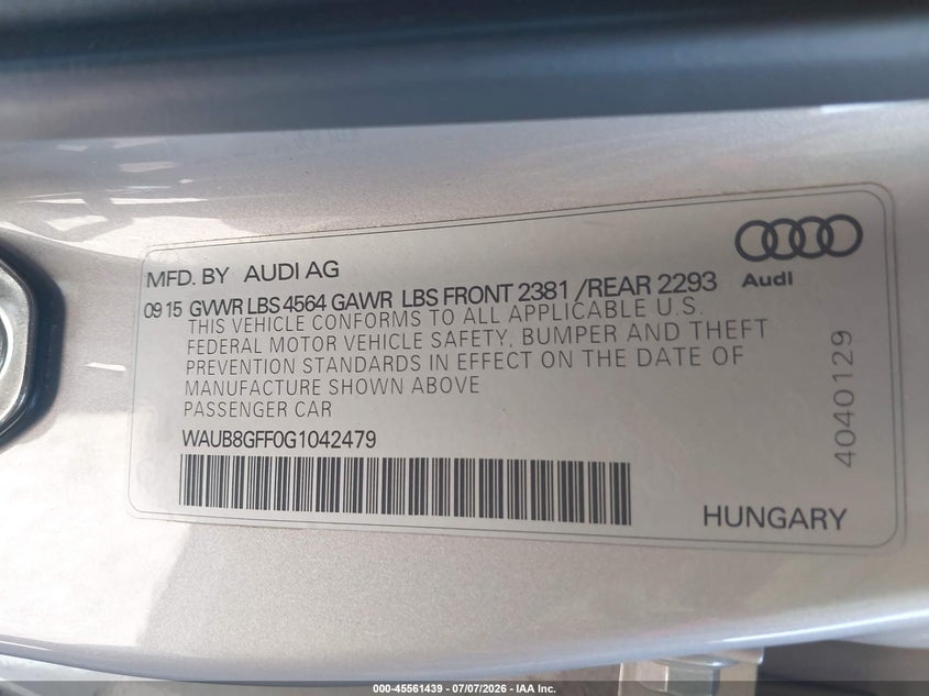 2016 Audi A3 2.0T Premium VIN: WAUB8GFF0G1042479 Lot: 45561439