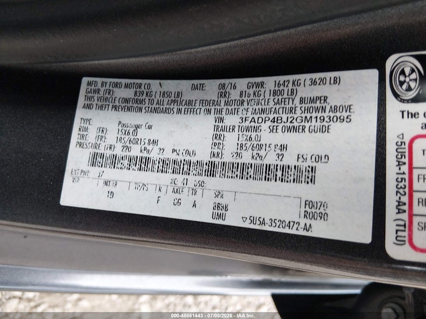2016 Ford Fiesta Se VIN: 3FADP4BJ2GM193095 Lot: 45561443