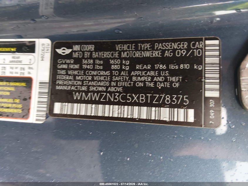 2011 Mini Cooper VIN: WMWZN3C5XBTZ78375 Lot: 45561522