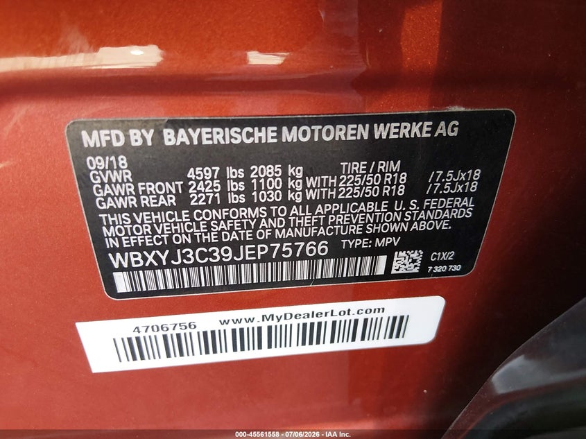 2018 BMW X2 Sdrive28I VIN: WBXYJ3C39JEP75766 Lot: 45561558