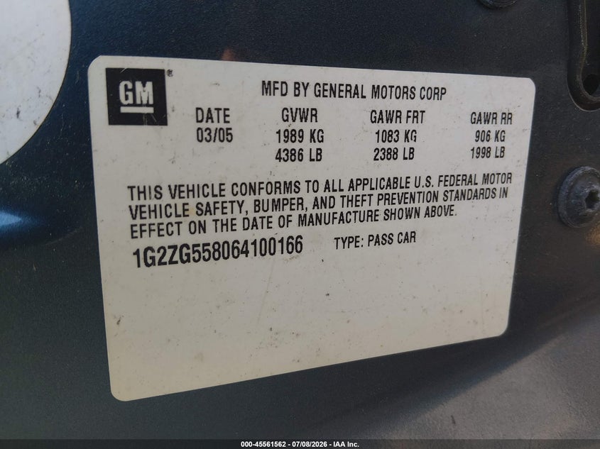 2006 Pontiac G6 VIN: 1G2ZG558064100166 Lot: 45561562