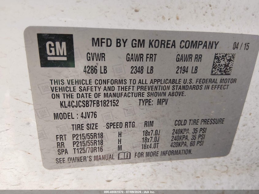 2015 Buick Encore Leather VIN: KL4CJCSB7FB182152 Lot: 45561570