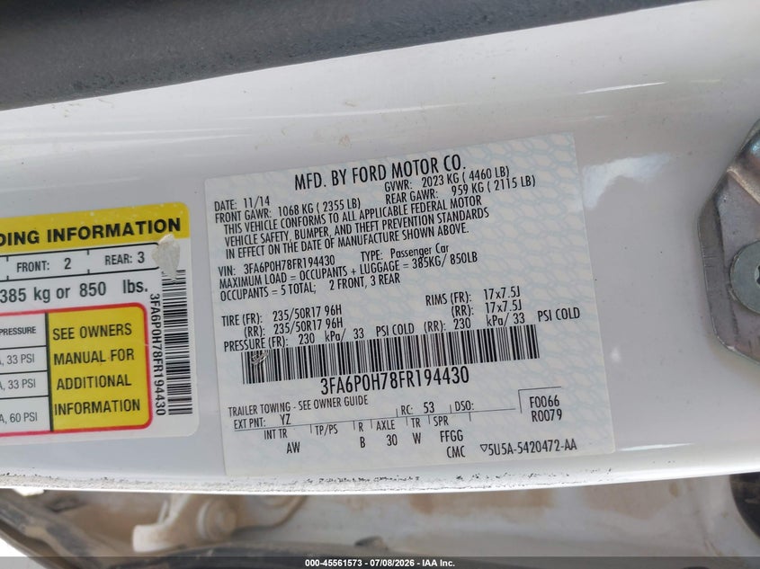2015 FORD FUSION SEDAN 2.5L I-4 DOHC, VVT, 175HP