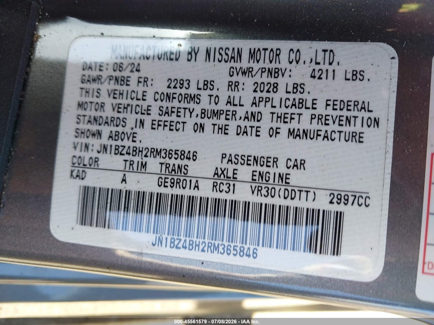2024 Nissan Z Performance Auto VIN: JN1BZ4BH2RM365846 Lot: 45561579
