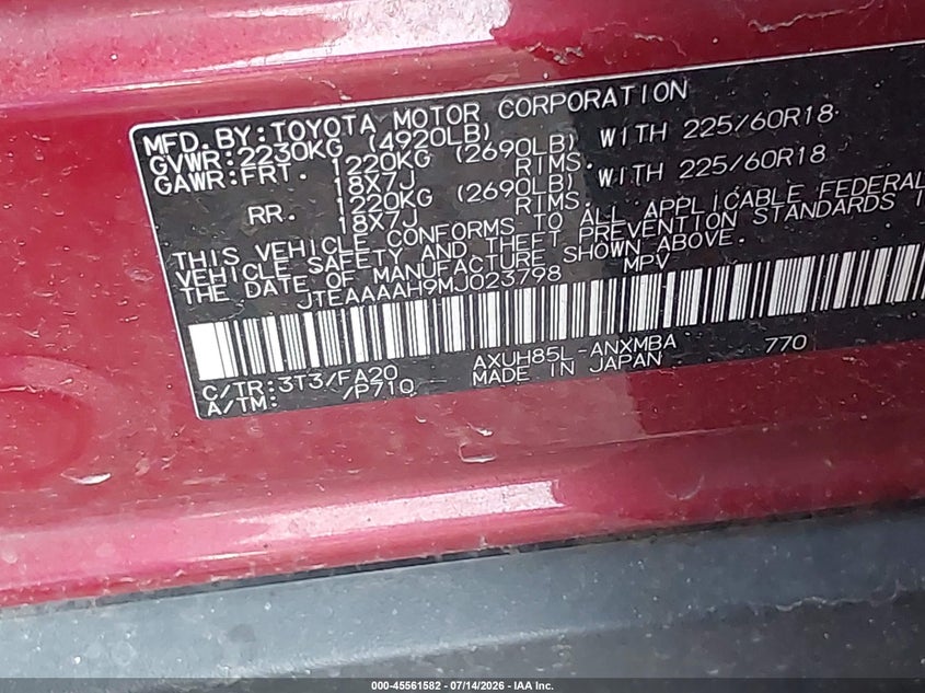 2021 Toyota Venza Le VIN: JTEAAAAH9MJ023798 Lot: 45561582