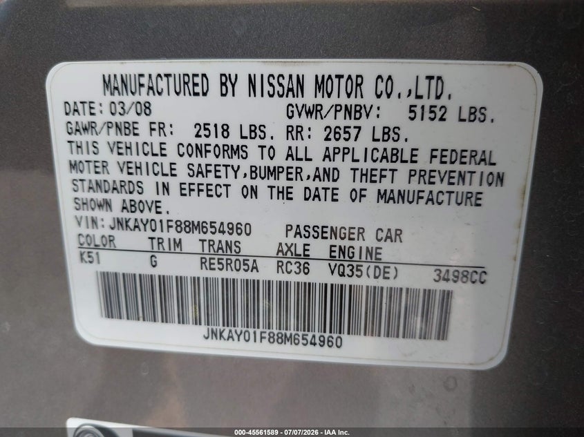 2008 Infiniti M35X VIN: JNKAY01F88M654960 Lot: 45561589