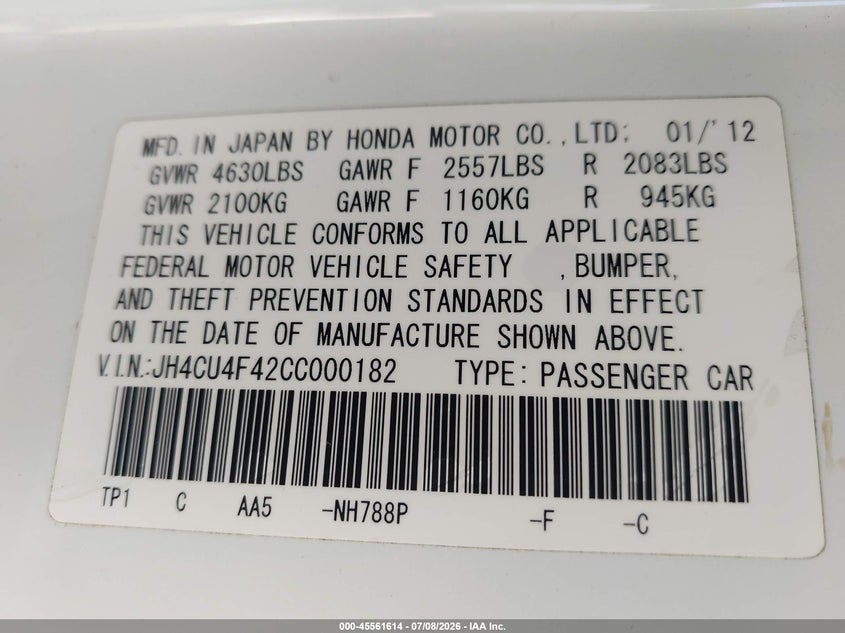 2012 Acura Tsx 3.5 VIN: JH4CU4F42CC000182 Lot: 45561614