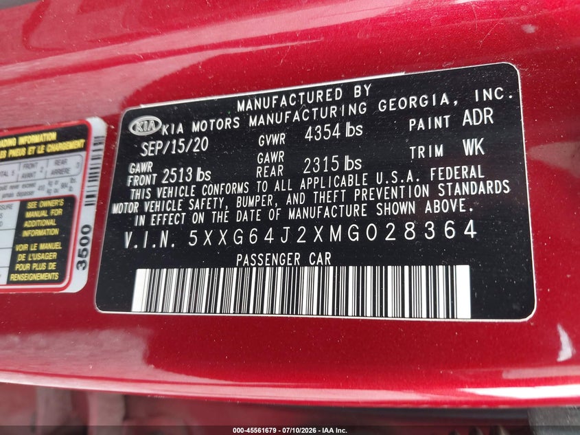 2021 Kia K5 Gt-Line VIN: 5XXG64J2XMG028364 Lot: 45561679