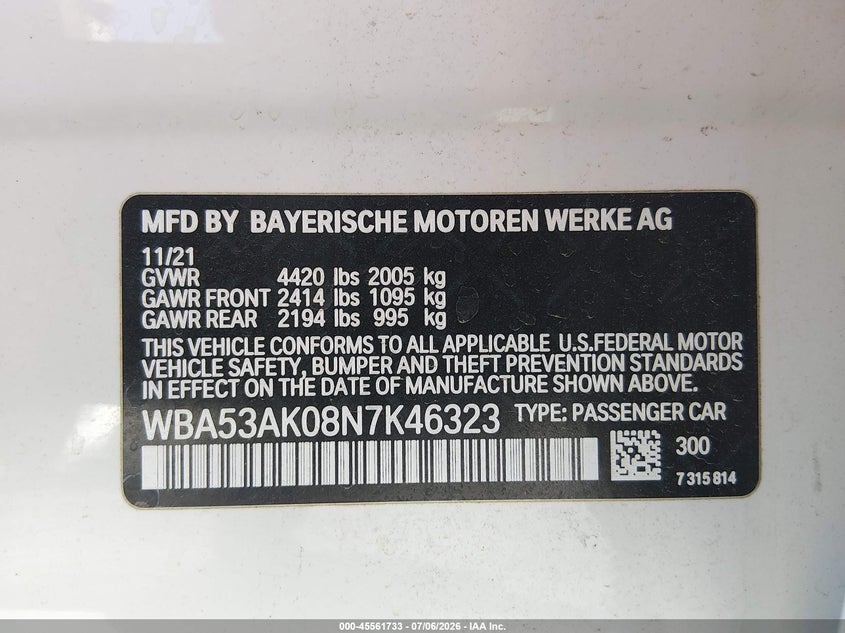 2022 BMW 228 Gran Coupe I Sdrive VIN: WBA53AK08N7K46323 Lot: 45561733