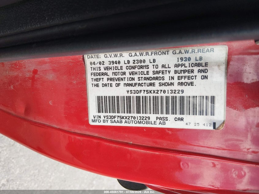 2002 Saab 9-3 Se VIN: YS3DF75KX27013229 Lot: 45561791