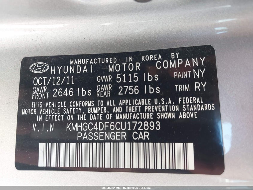 2012 Hyundai Genesis 4.6 VIN: KMHGC4DF6CU172893 Lot: 45561793
