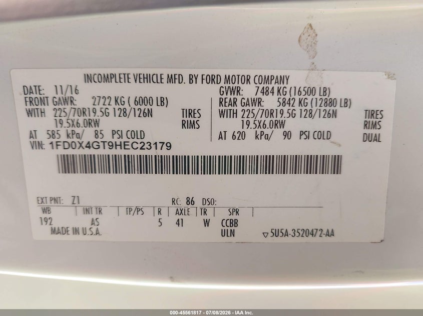 2017 Ford F-450 Chassis Lariat/Xl/Xlt VIN: 1FD0X4GT9HEC23179 Lot: 45561817