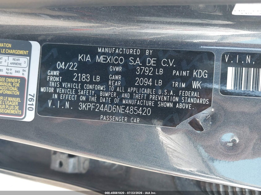 KIA FORTE 2022 VIN 3KPF24AD6NE485420