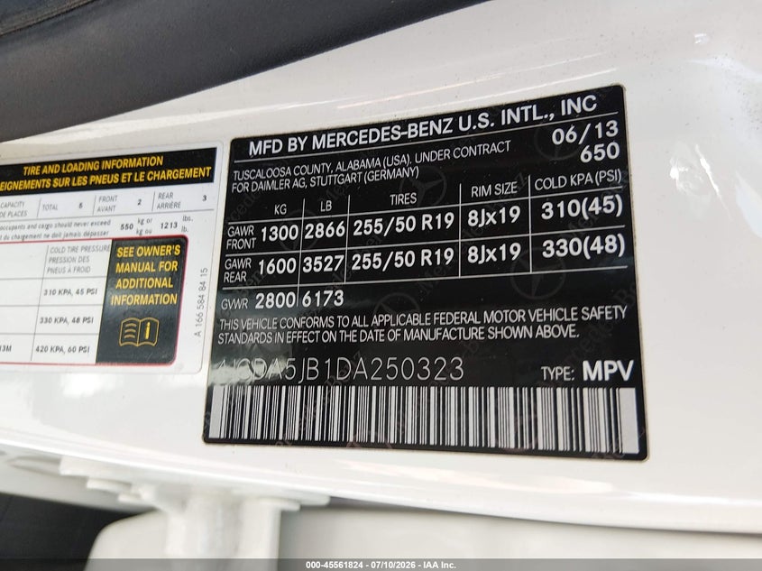 2013 Mercedes-Benz Ml 350 VIN: 4JGDA5JB1DA250323 Lot: 45561824