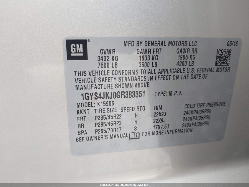 2016 Cadillac Escalade Esv Premium Collection VIN: 1GYS4JKJ0GR383351 Lot: 45561834