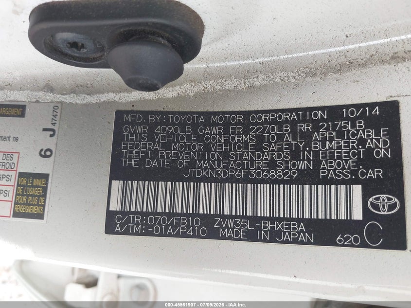 TOYOTA PRIUS PLUG-IN 2015 VIN JTDKN3DP6F3068829