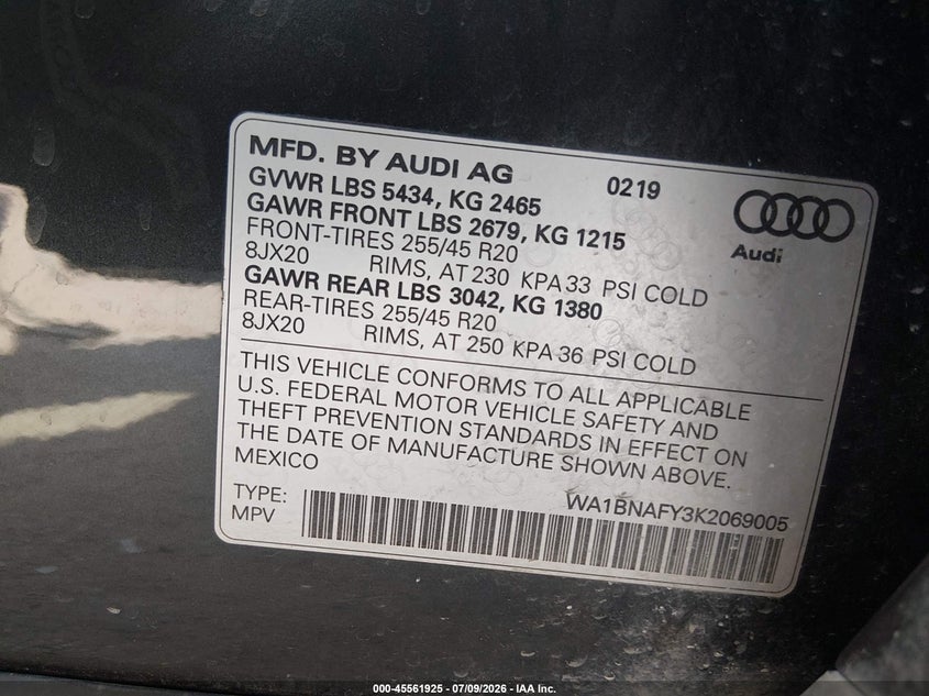 2019 Audi Q5 45 Premium VIN: WA1BNAFY3K2069005 Lot: 45561925
