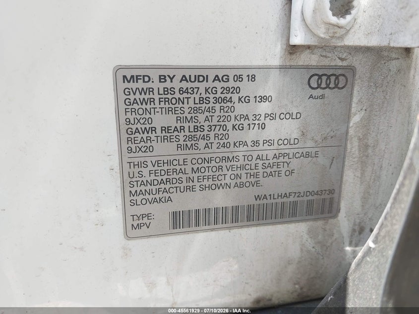 2018 Audi Q7 2.0T Premium VIN: WA1LHAF72JD043730 Lot: 45561929