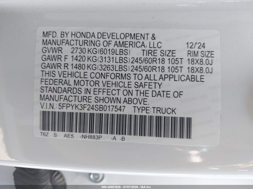 2025 Honda Ridgeline Sport+ VIN: 5FPYK3F24SB017547 Lot: 45561939