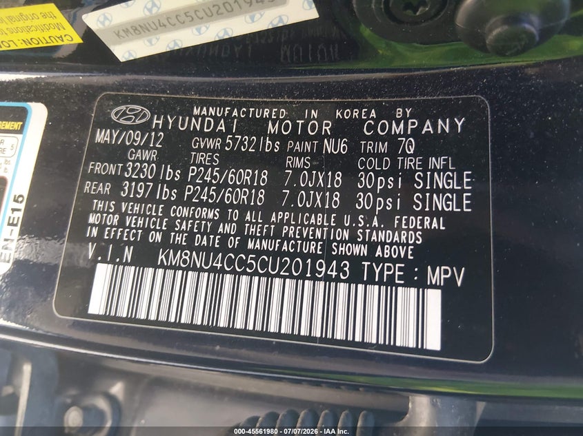 2012 Hyundai Veracruz Limited VIN: KM8NU4CC5CU201943 Lot: 45561980