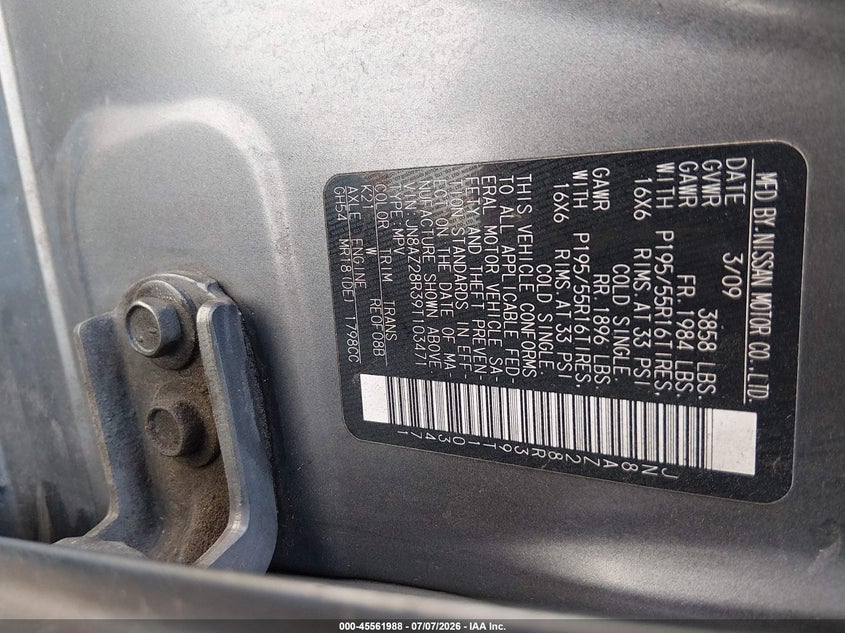 2009 Nissan Cube 1.8Sl VIN: JN8AZ28R39T103471 Lot: 45561988