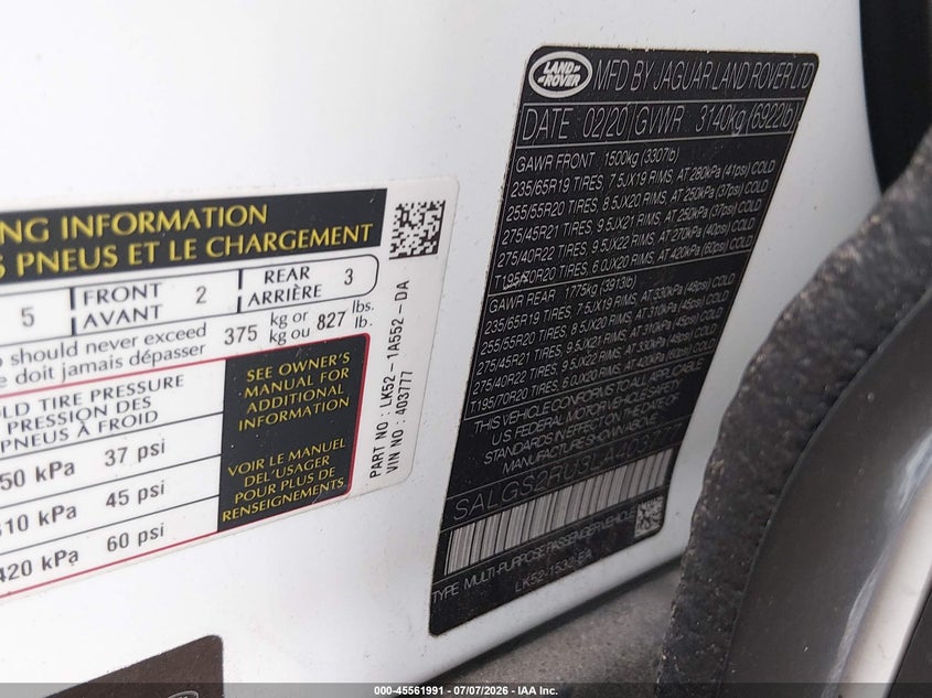 2020 Land Rover Range Rover Hse VIN: SALGS2RU3LA403777 Lot: 45561991