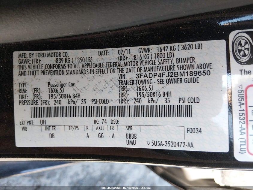 2011 Ford Fiesta Ses VIN: 3FADP4FJ2BM189650 Lot: 45562068