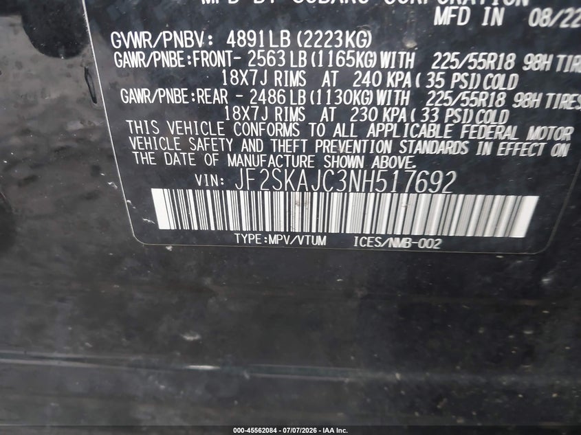 VIN: JF2SKAJC3NH517692 2022 SUBARU FORESTER SPORT