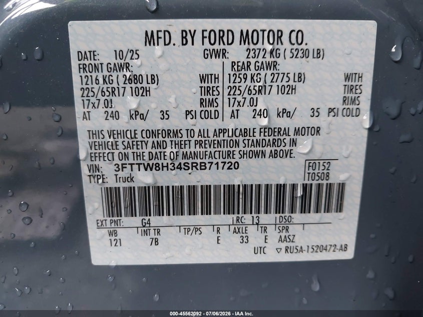 2025 Ford Maverick Xlt VIN: 3FTTW8H34SRB71720 Lot: 45562092