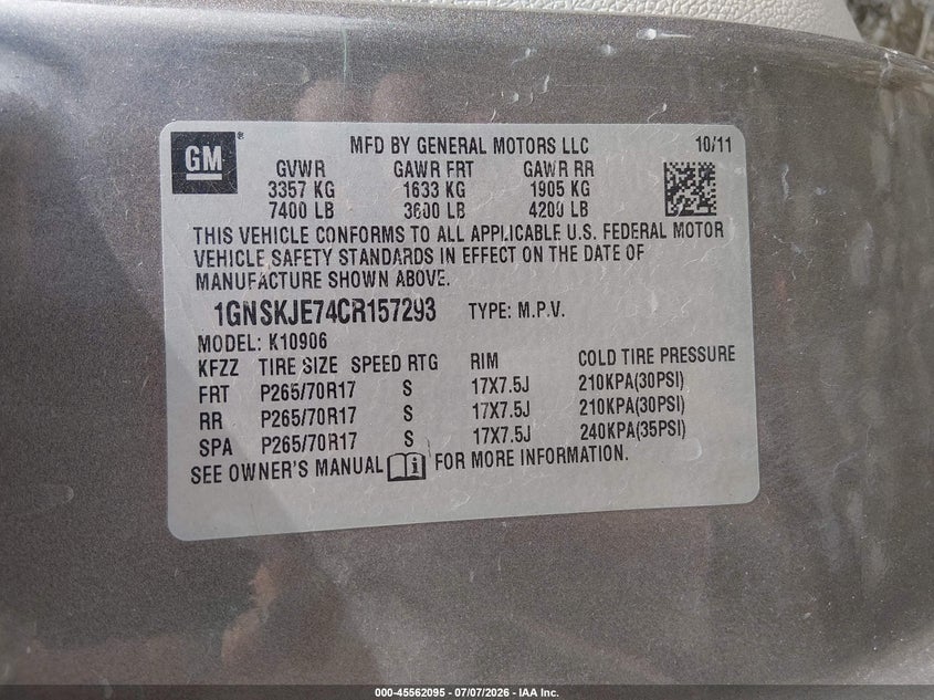 2012 Chevrolet Suburban Lt VIN: 1GNSKJE74CR157293 Lot: 45562095