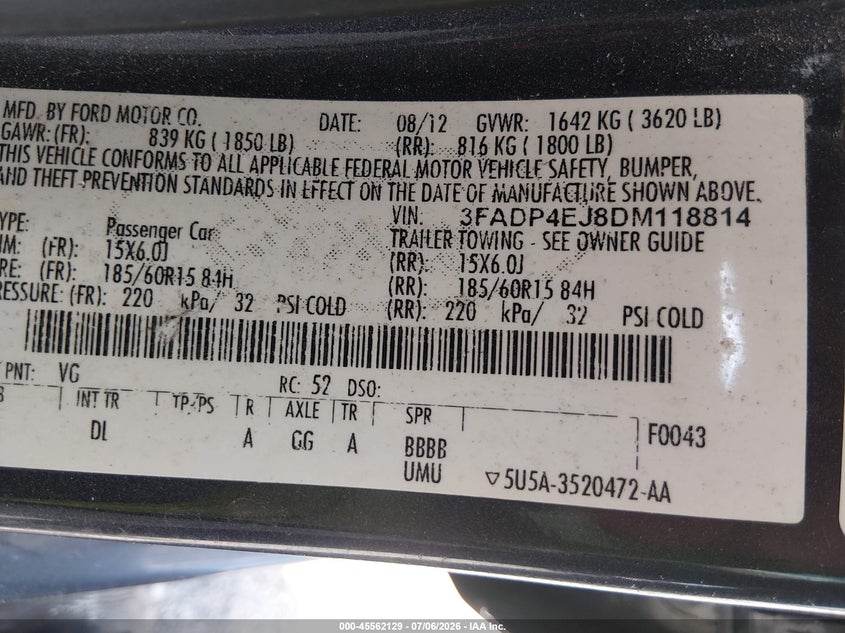 2013 Ford Fiesta Se VIN: 3FADP4EJ8DM118814 Lot: 45562129