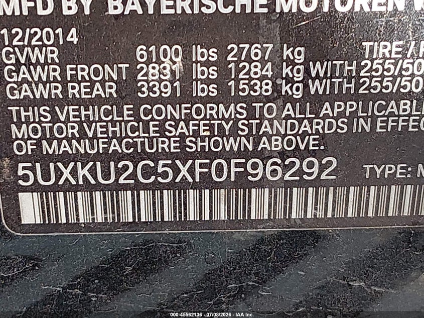 2015 BMW X6 xDrive35I VIN: 5UXKU2C5XF0F96292 Lot: 45562136