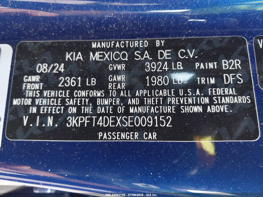 2025 Kia K4 Lxs VIN: 3KPFT4DEXSE009152 Lot: 45562156