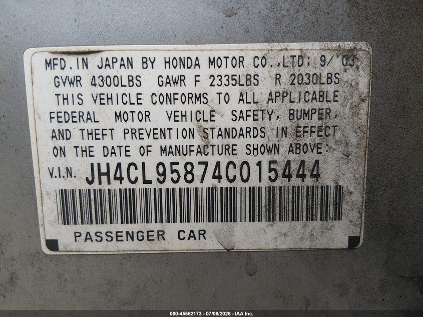 2004 Acura Tsx VIN: JH4CL95874C015444 Lot: 45562173
