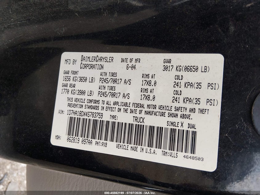 DODGE RAM 1500 2004 VIN 1D7HA18DX4S783759