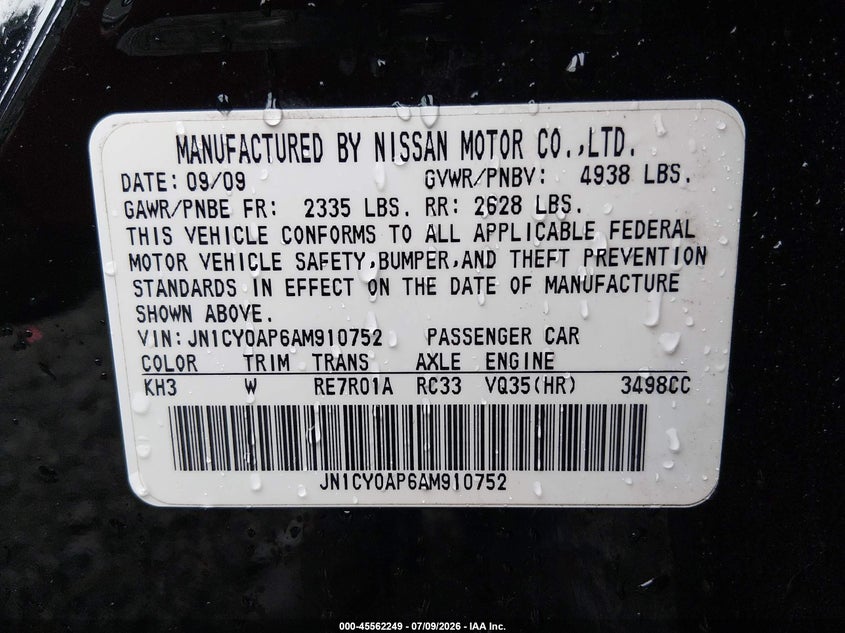 2010 Infiniti M35 VIN: JN1CY0AP6AM910752 Lot: 45562249