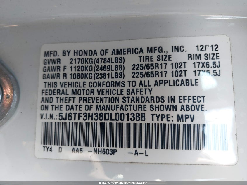 2013 Honda Crosstour Ex VIN: 5J6TF3H38DL001388 Lot: 45562292