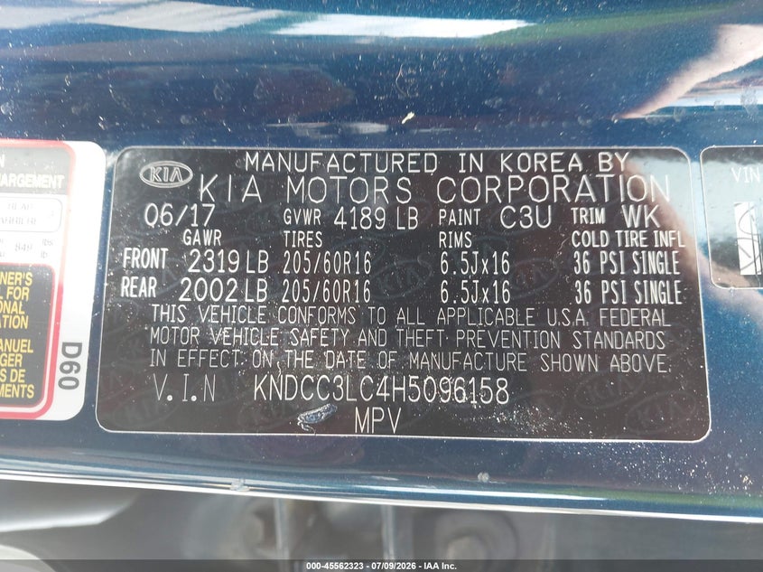2017 Kia Niro Ex VIN: KNDCC3LC4H5096158 Lot: 45562323