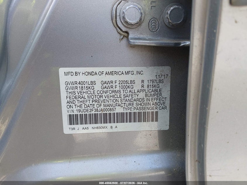 2018 Acura Ilx Acurawatch Plus Package VIN: 19UDE2F38JA000857 Lot: 45562508