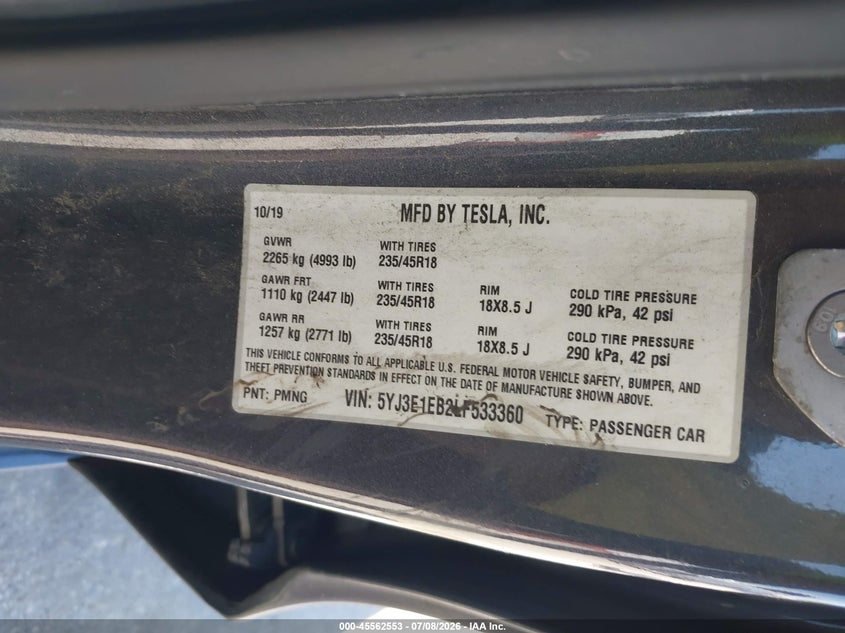 TESLA MODEL 3 2020 VIN 5YJ3E1EB2LF533360