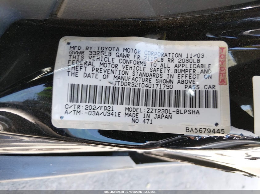 2004 Toyota Celica Gt VIN: JTDDR32T040171790 Lot: 45562580